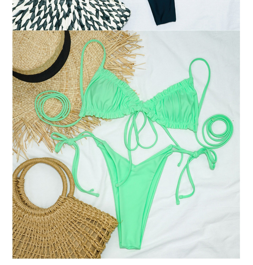 Fashion Green Pleated Lace Triangle Solid Color Split Swimsuit,Bikini Sets
