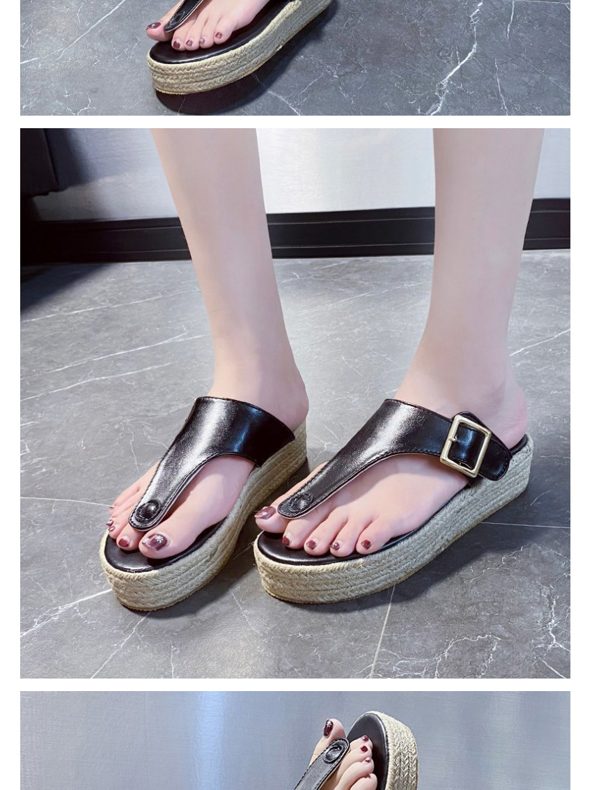 Fashion Black Flip-flops And Twine Platform Slippers,Slippers