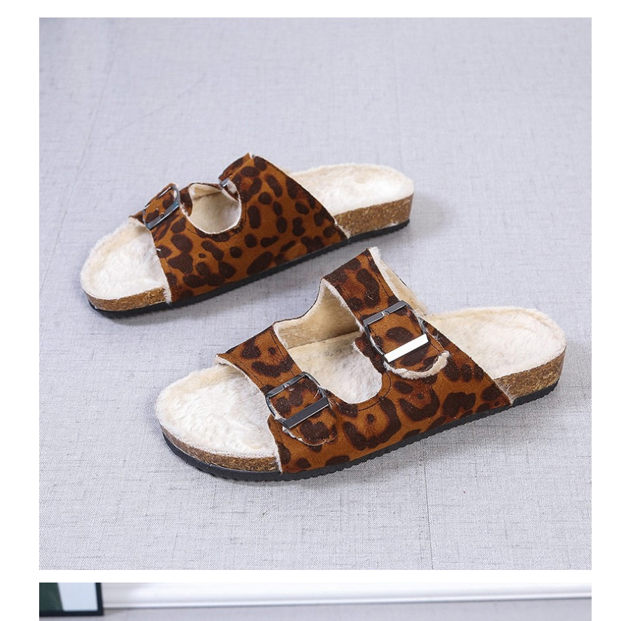 Fashion Beige Square Buckle Plush Round Head Flat Sandals And Slippers,Slippers