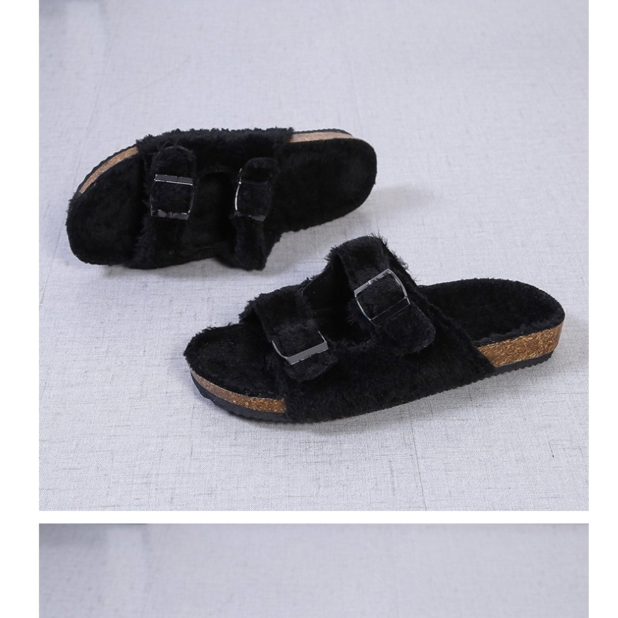 Fashion Black Square Buckle Plush Round Head Flat Sandals And Slippers,Slippers