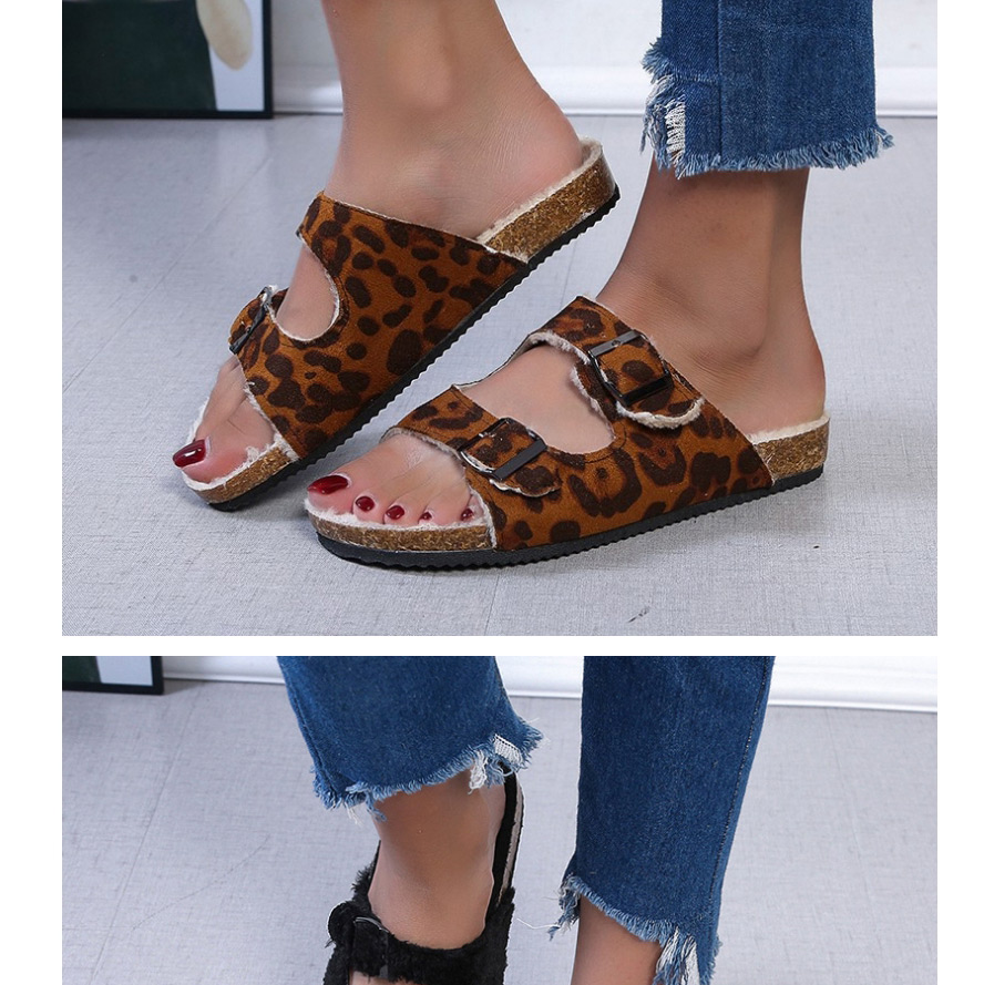 Fashion Leopard Square Buckle Plush Round Head Flat Sandals And Slippers,Slippers