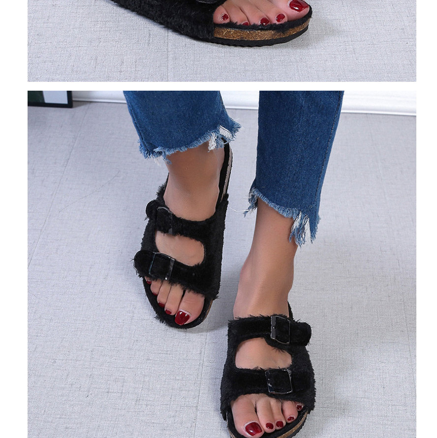 Fashion Leopard Square Buckle Plush Round Head Flat Sandals And Slippers,Slippers