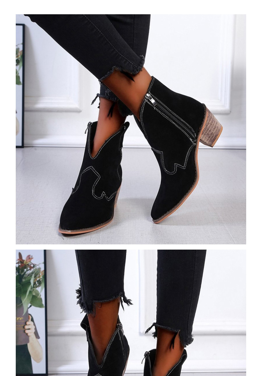 Fashion Black Suede Pointed Toe Thick High-heel Motorcycle Line Martin Boots,Slippers