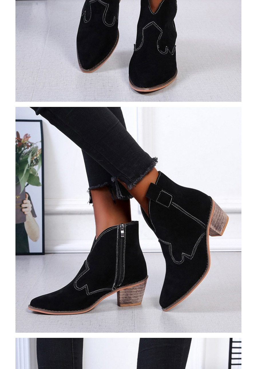 Fashion Black Suede Pointed Toe Thick High-heel Motorcycle Line Martin Boots,Slippers