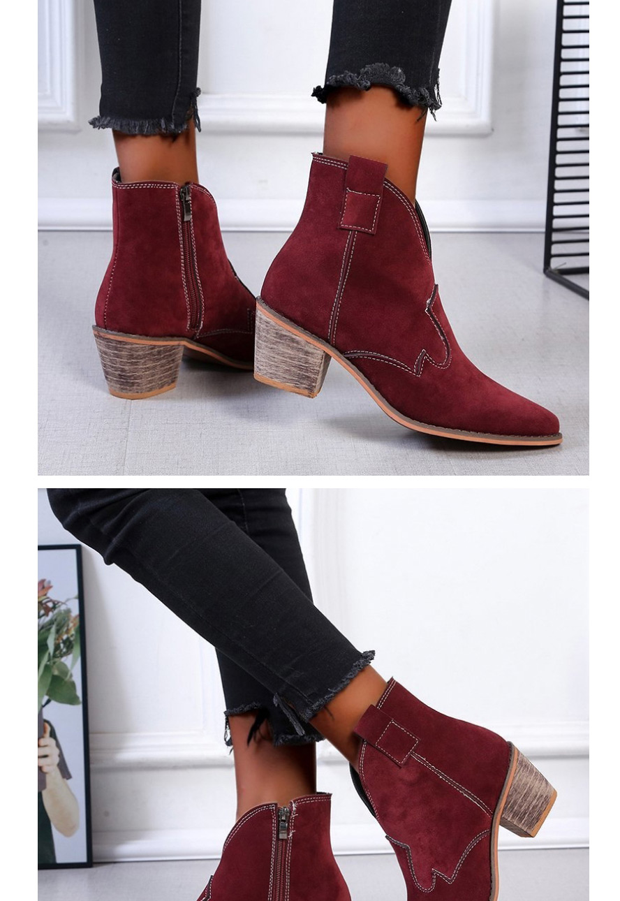 Fashion Red Suede Pointed Toe Thick High-heel Motorcycle Line Martin Boots,Slippers