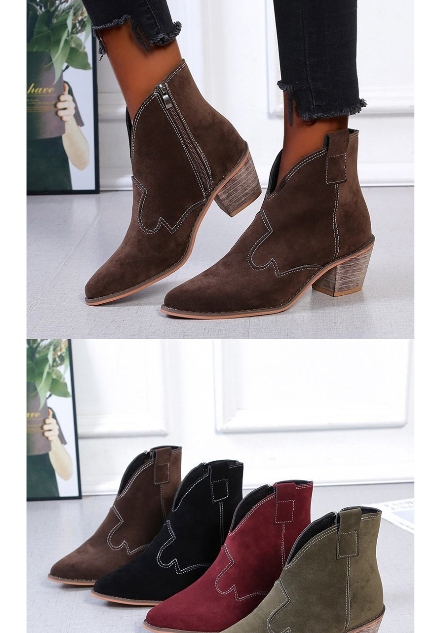 Fashion Brown Suede Pointed Toe Thick High-heel Motorcycle Line Martin Boots,Slippers