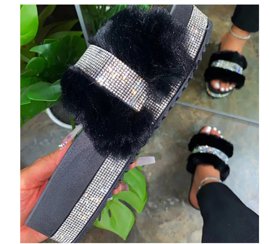 Fashion Black Rhinestone Platform Round Toe Slippers,Slippers