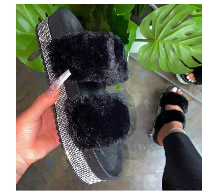 Fashion Black Rhinestone Platform Round Toe Slippers,Slippers
