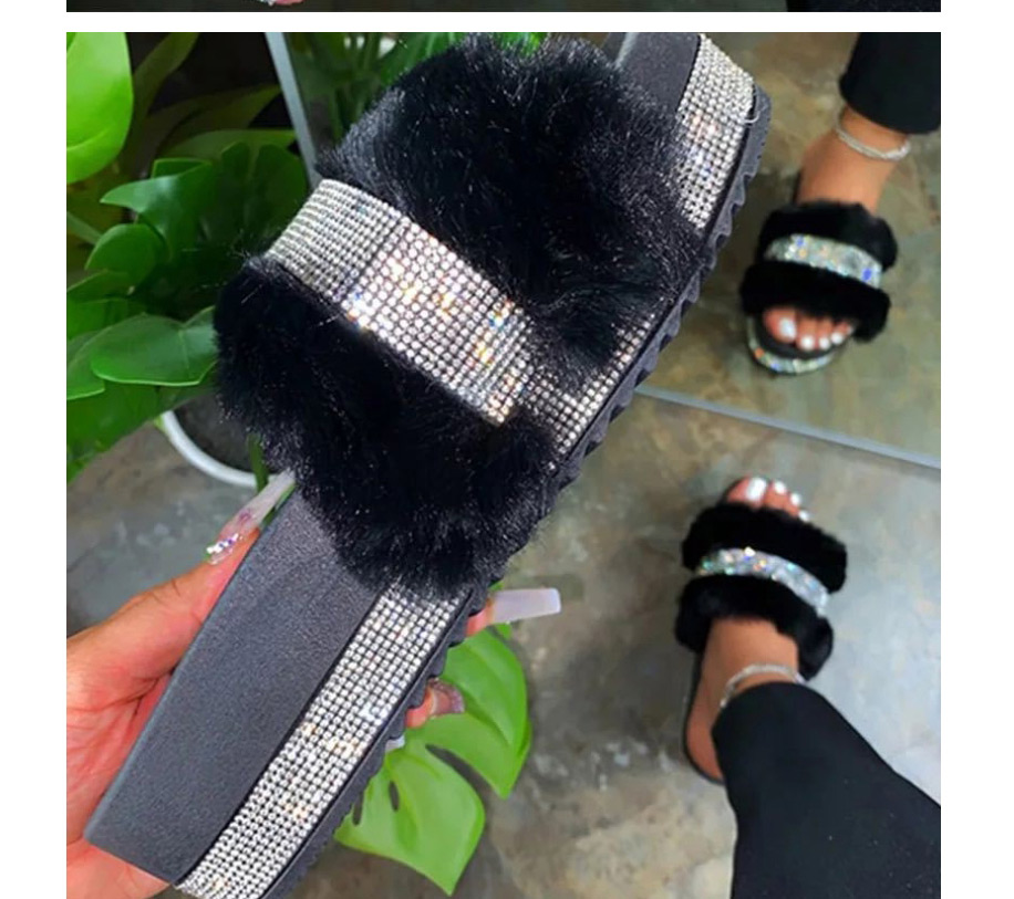 Fashion Black Thick-soled Rhinestone Round-toe Fluffy Slippers,Slippers