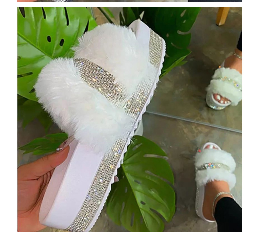 Fashion White Thick-soled Rhinestone Round-toe Fluffy Slippers,Slippers