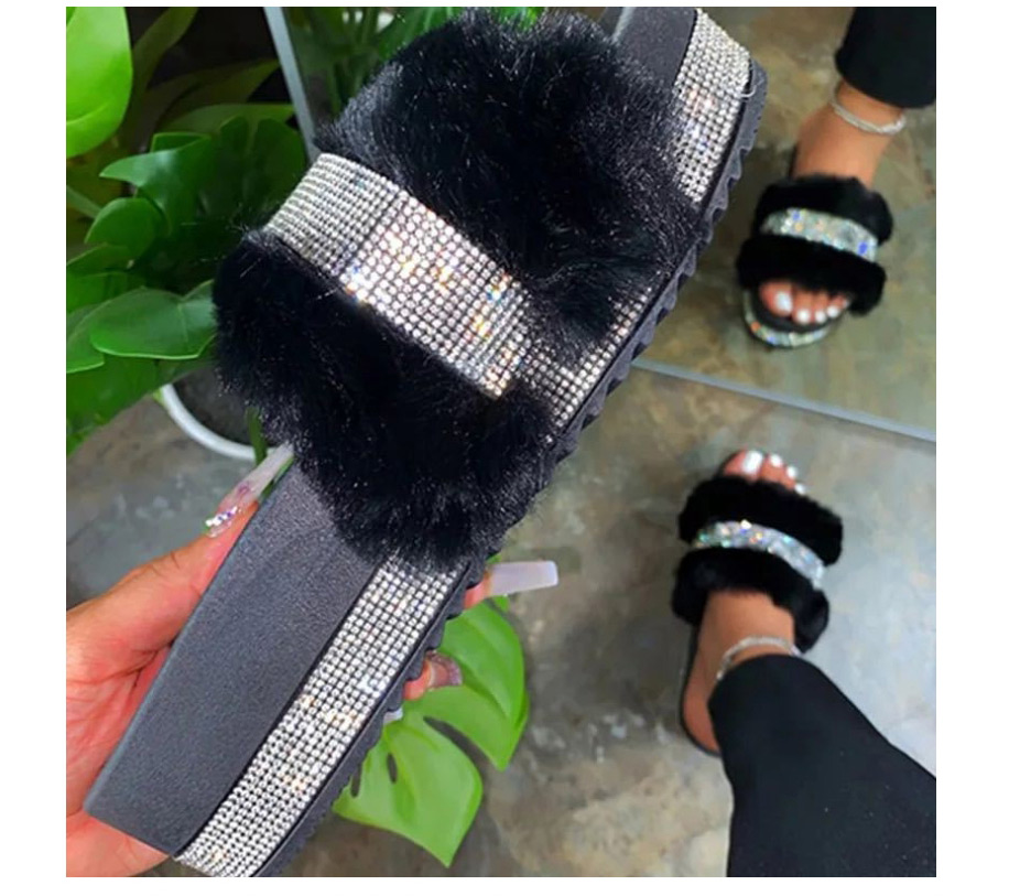 Fashion Black Thick-soled Rhinestone Round-toe Fluffy Slippers,Slippers