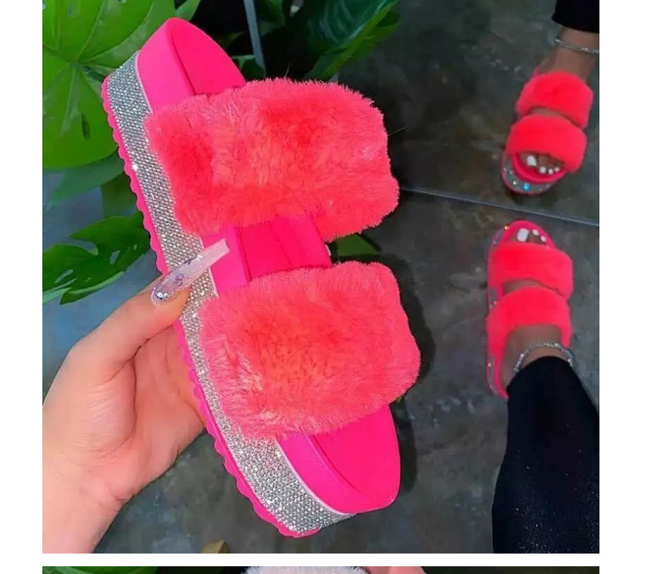 Fashion Pink Thick-soled Rhinestone Round-toe Fluffy Slippers,Slippers