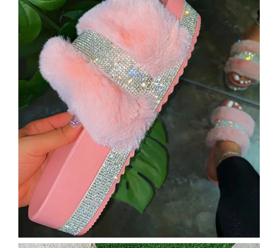 Fashion Pink Thick-soled Rhinestone Round-toe Fluffy Slippers,Slippers