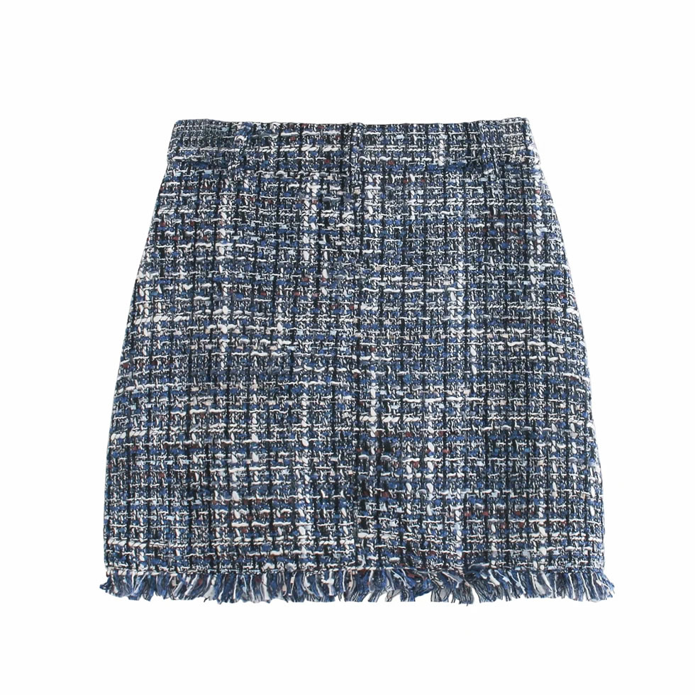 Fashion Blue Tweed Frayed Skirt,Skirts