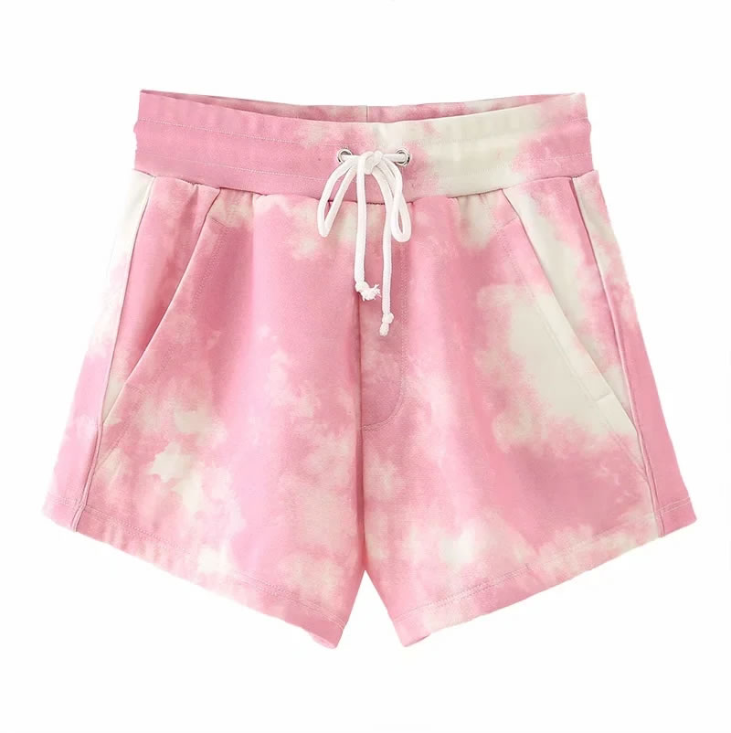 Fashion Pink Loose Tie-dye Belted Sports Shorts,Shorts