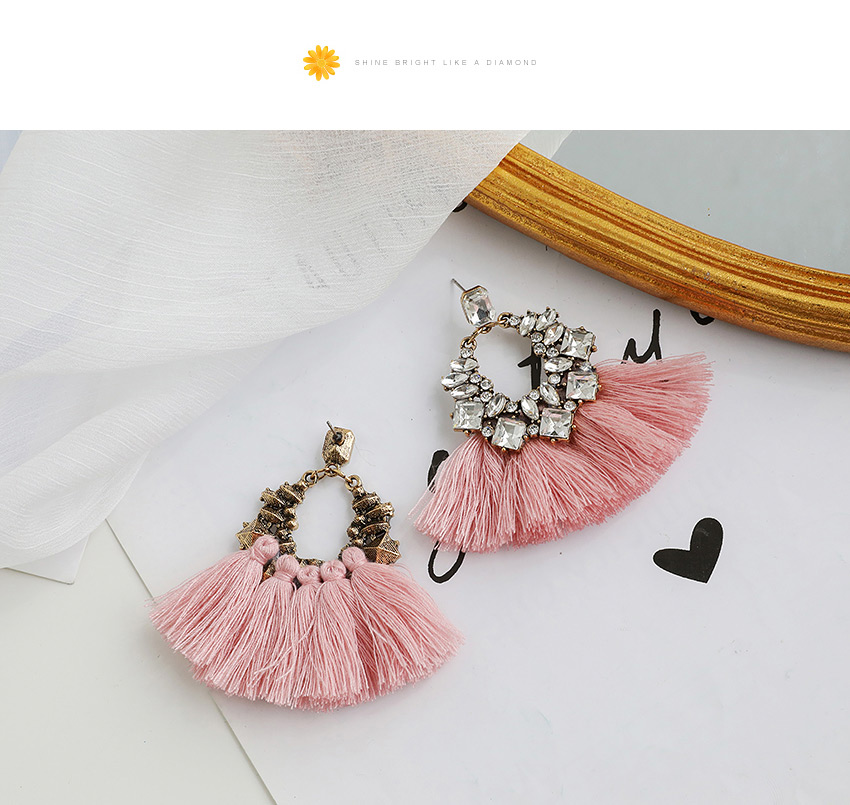 Fashion Leather Pink Alloy Diamond Geometric Tassel Stud Earrings,Drop Earrings
