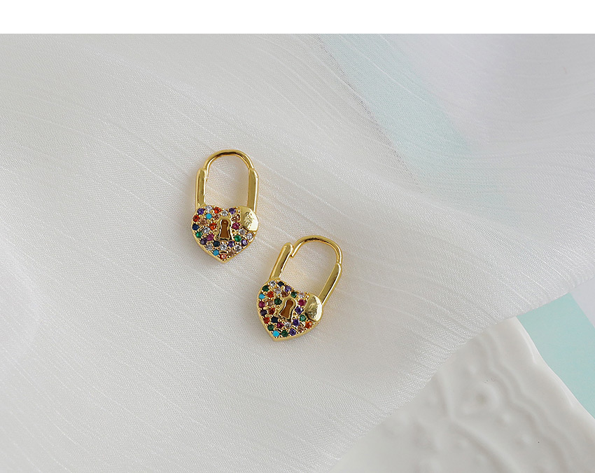 Fashion Golden Copper Inlaid Zircon Heart Lock Earrings,Earrings