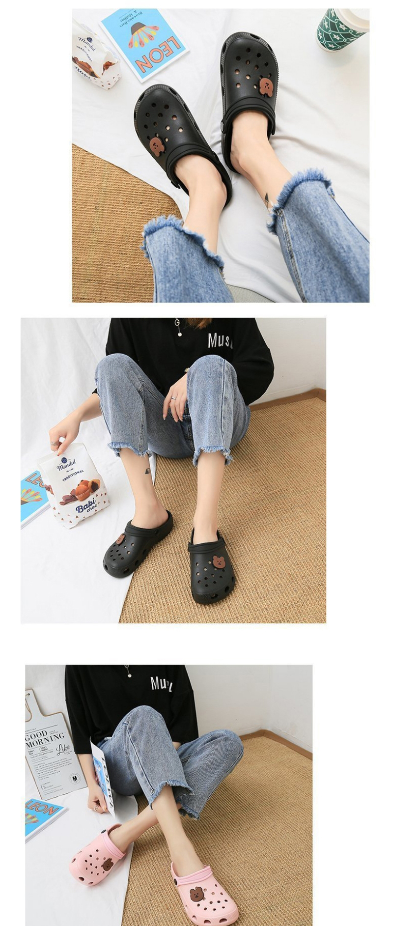 Fashion Black Baotou Hollow Flat Shoes,Slippers
