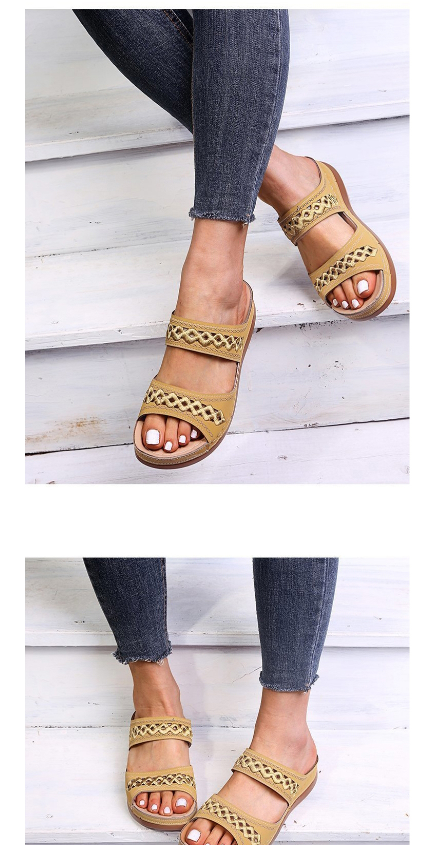 Fashion Yellow Embroidered Slope Heel Round Toe Sandals And Slippers,Slippers