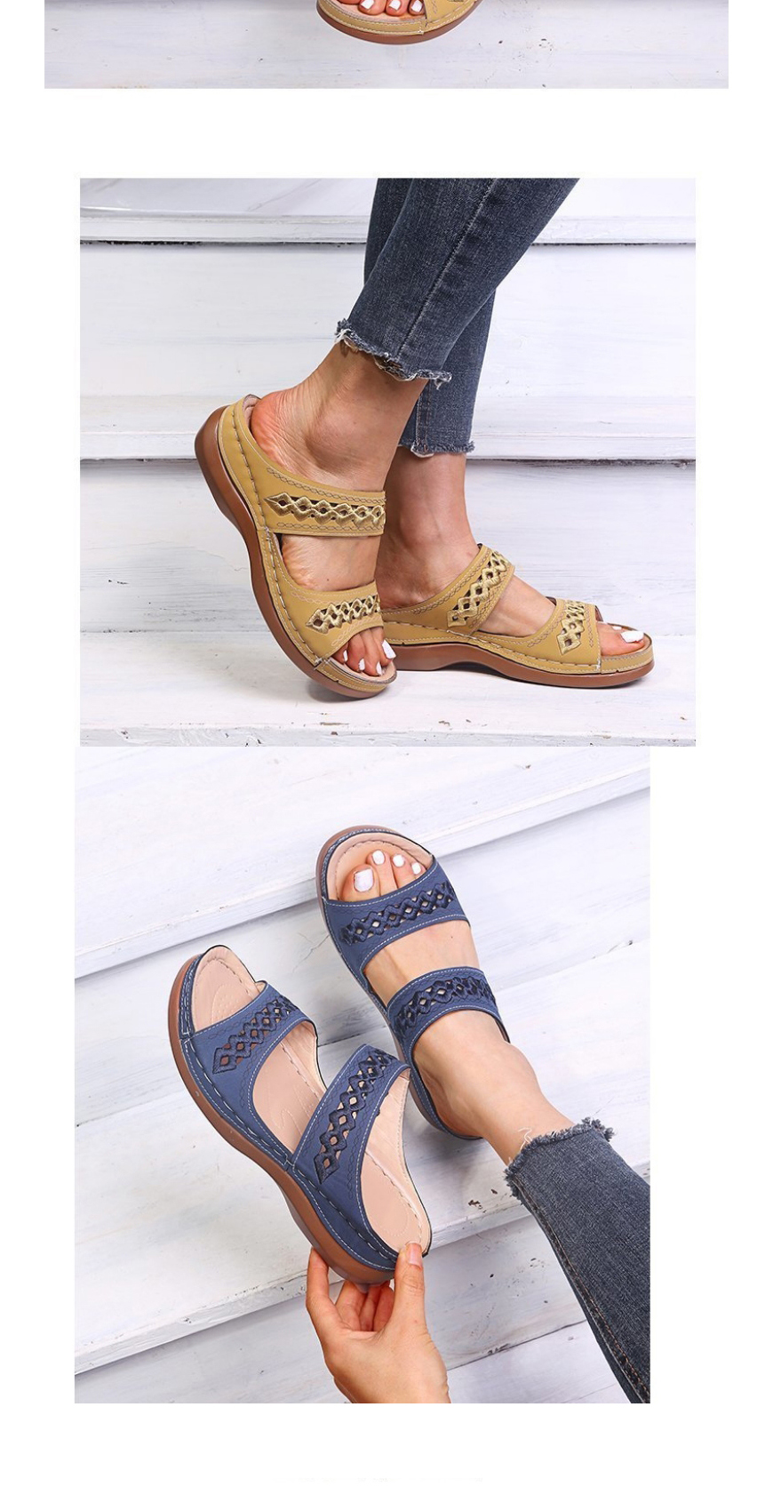 Fashion Brown Embroidered Slope Heel Round Toe Sandals And Slippers,Slippers