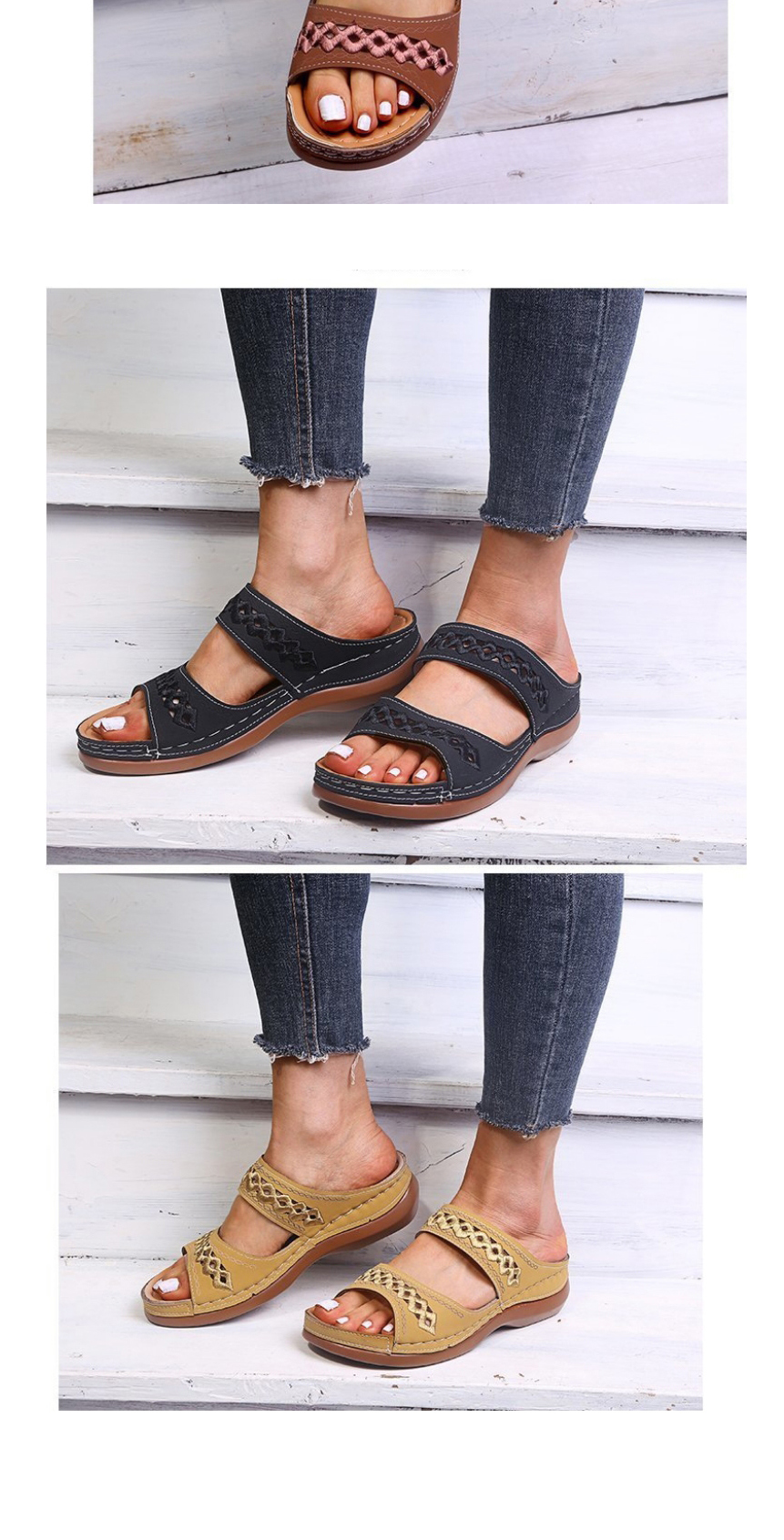 Fashion Black Embroidered Slope Heel Round Toe Sandals And Slippers,Slippers