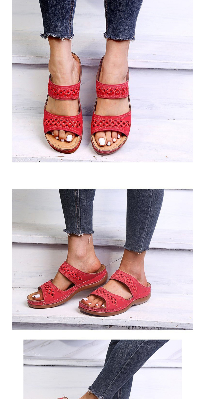 Fashion Brown Embroidered Slope Heel Round Toe Sandals And Slippers,Slippers
