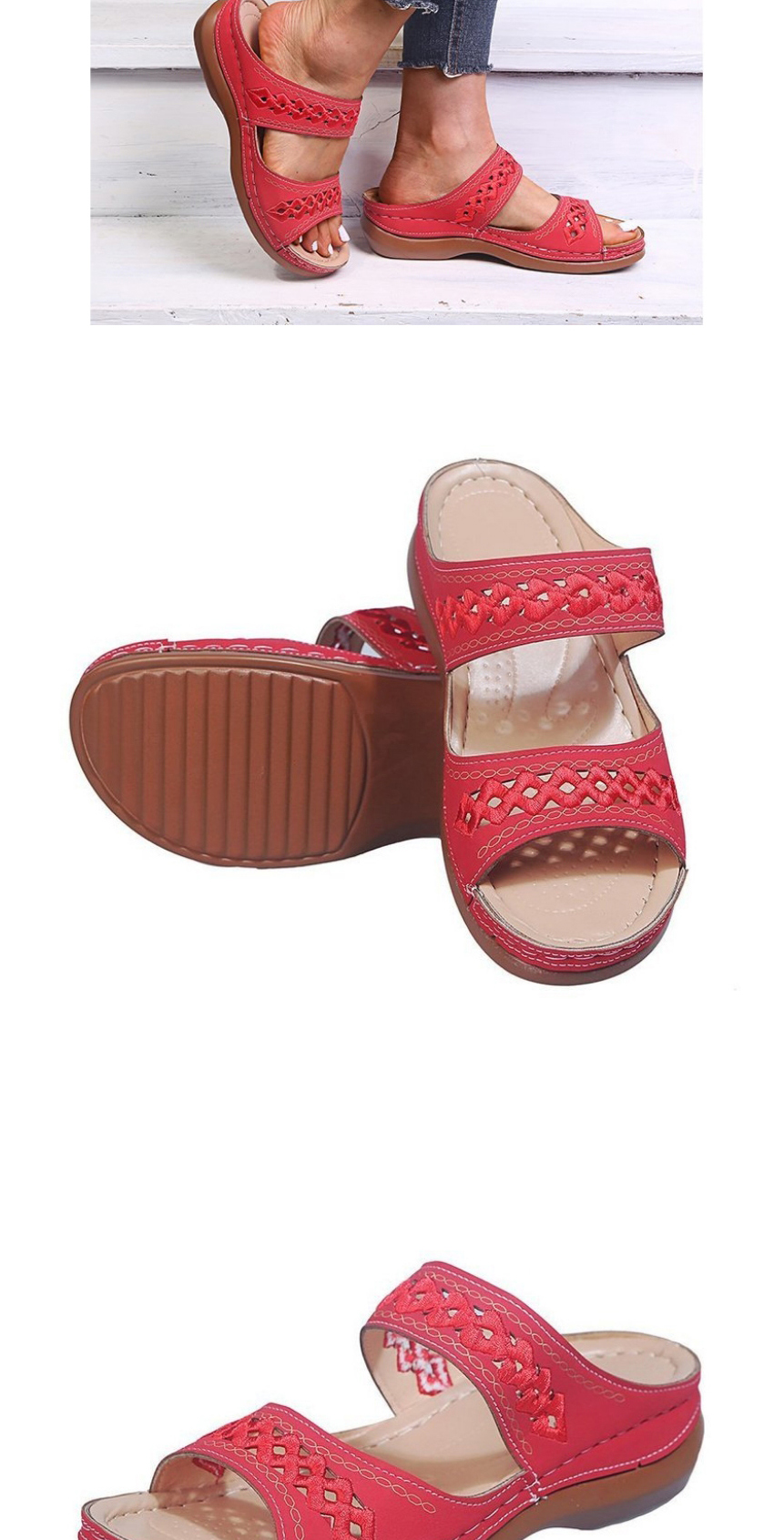 Fashion Red Embroidered Slope Heel Round Toe Sandals And Slippers,Slippers