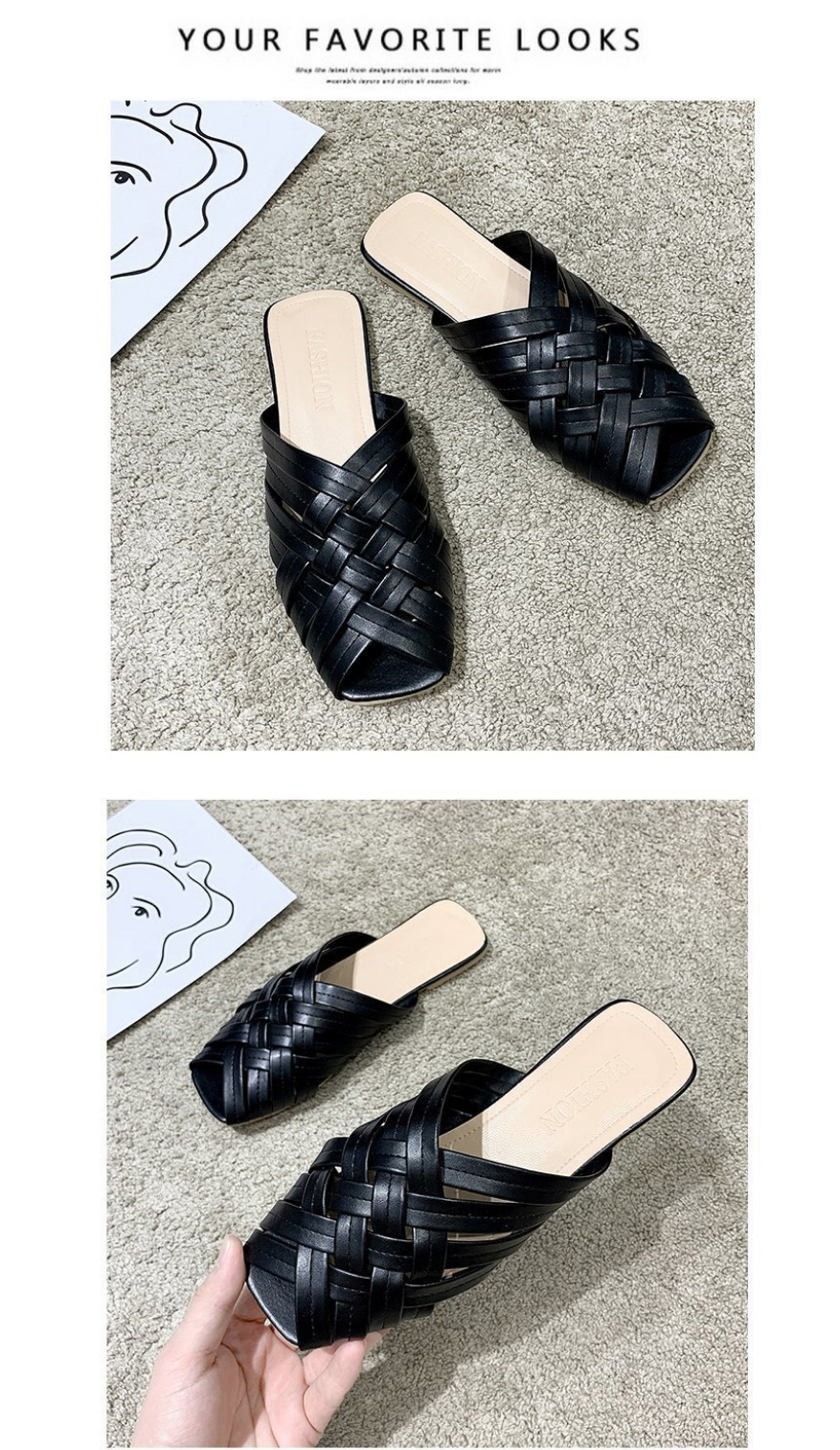 Fashion Black Cross Braided Half Slippers With Toe Cap,Slippers