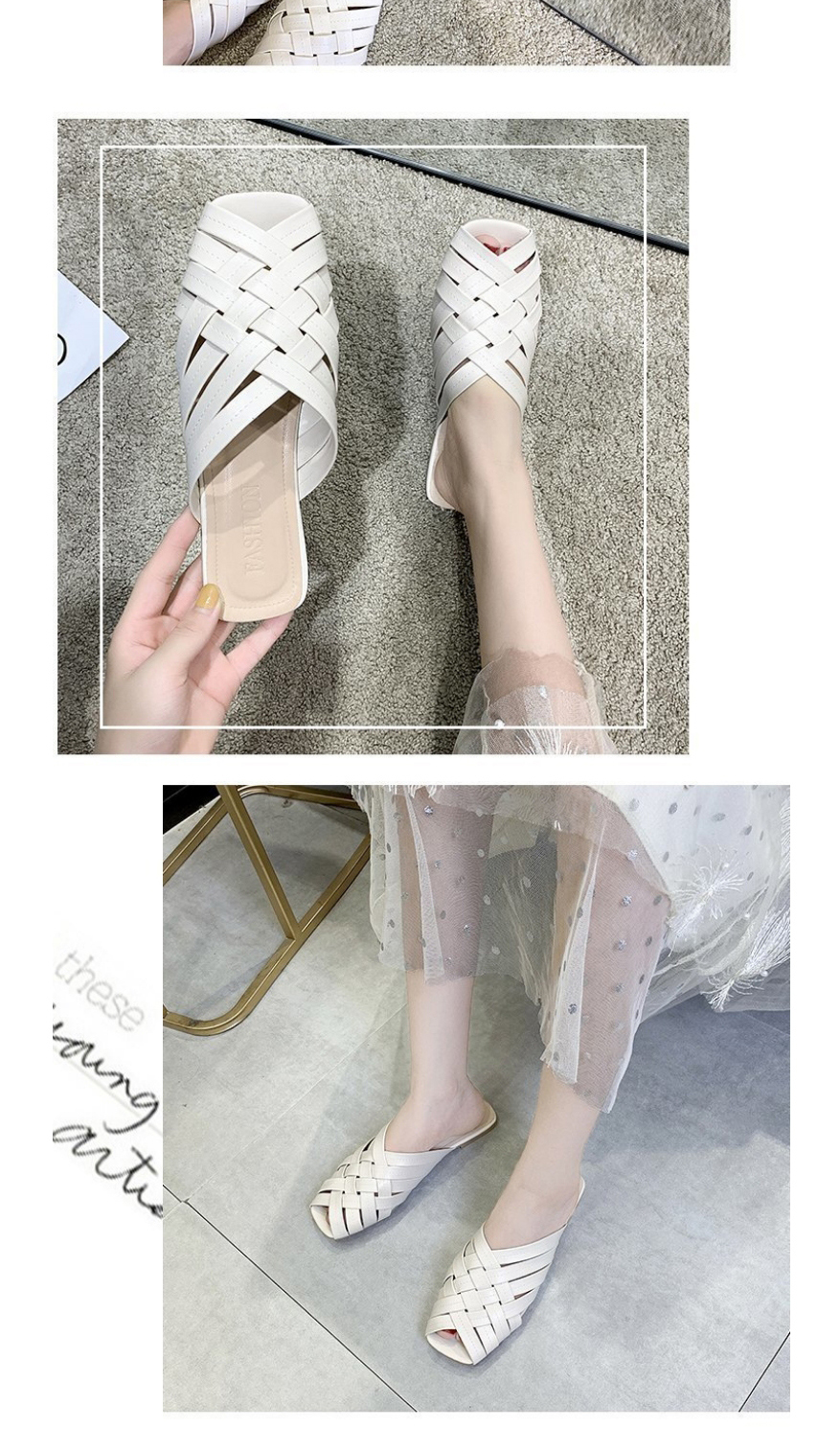 Fashion Creamy-white Cross Braided Half Slippers With Toe Cap,Slippers