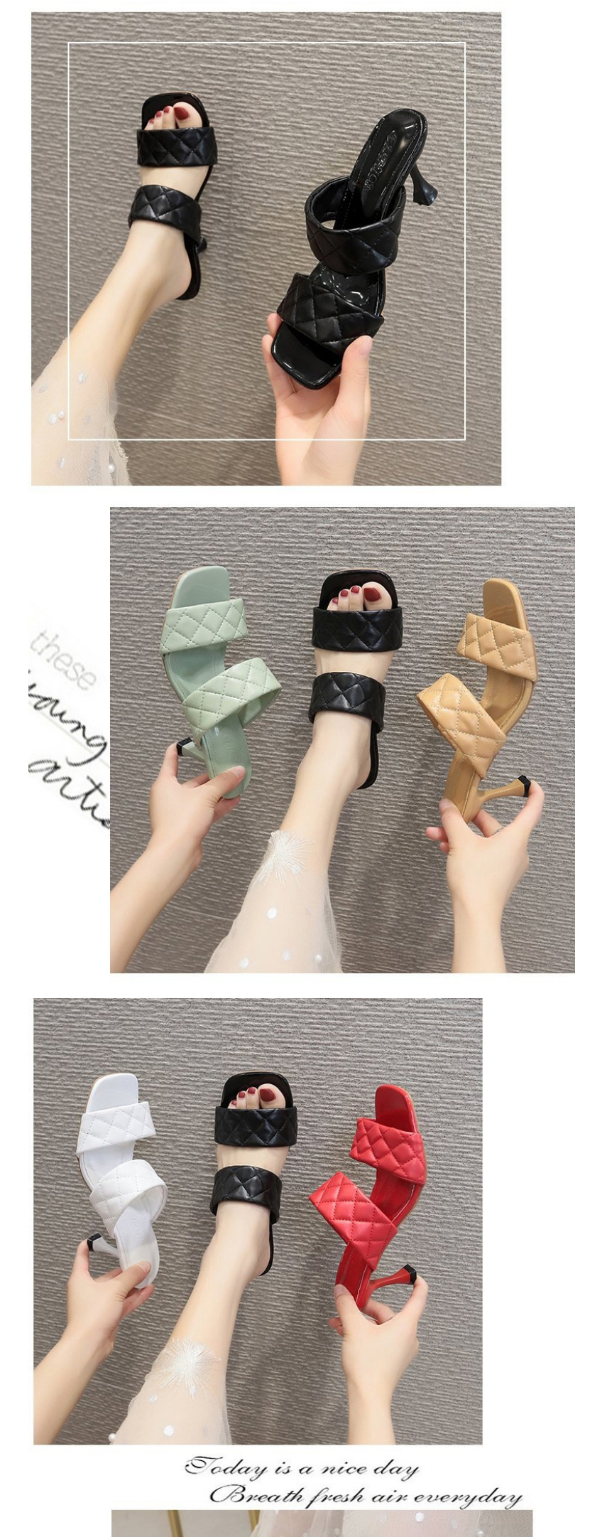 Fashion Green Square-toe Lozenge-shaped Stiletto Slippers,Slippers