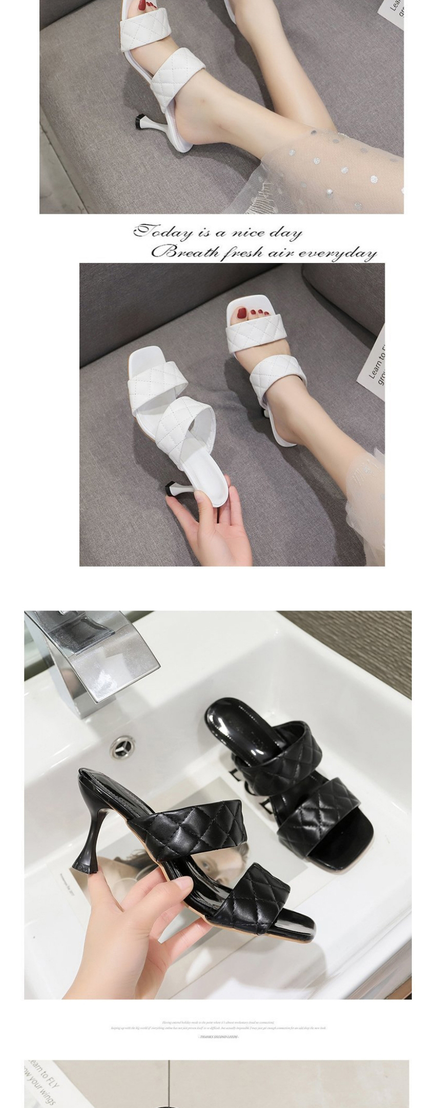 Fashion Black Square-toe Lozenge-shaped Stiletto Slippers,Slippers