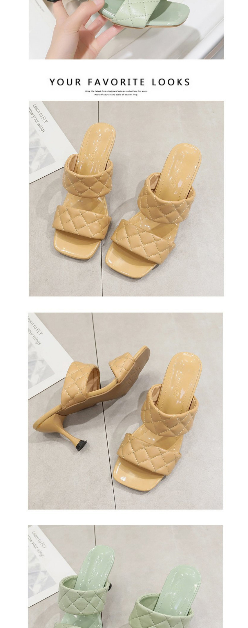 Fashion Green Square-toe Lozenge-shaped Stiletto Slippers,Slippers