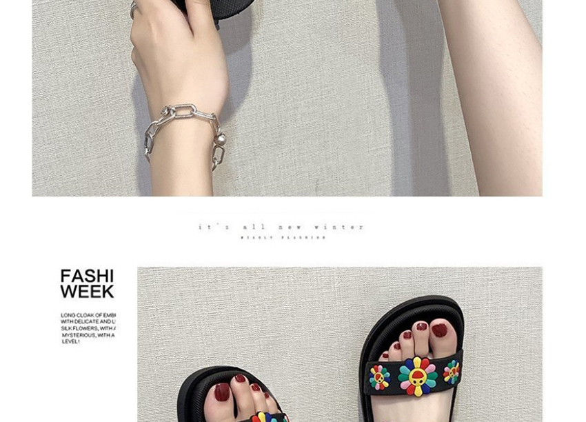 Fashion Black Sunflower Flat Sandals And Slippers,Slippers