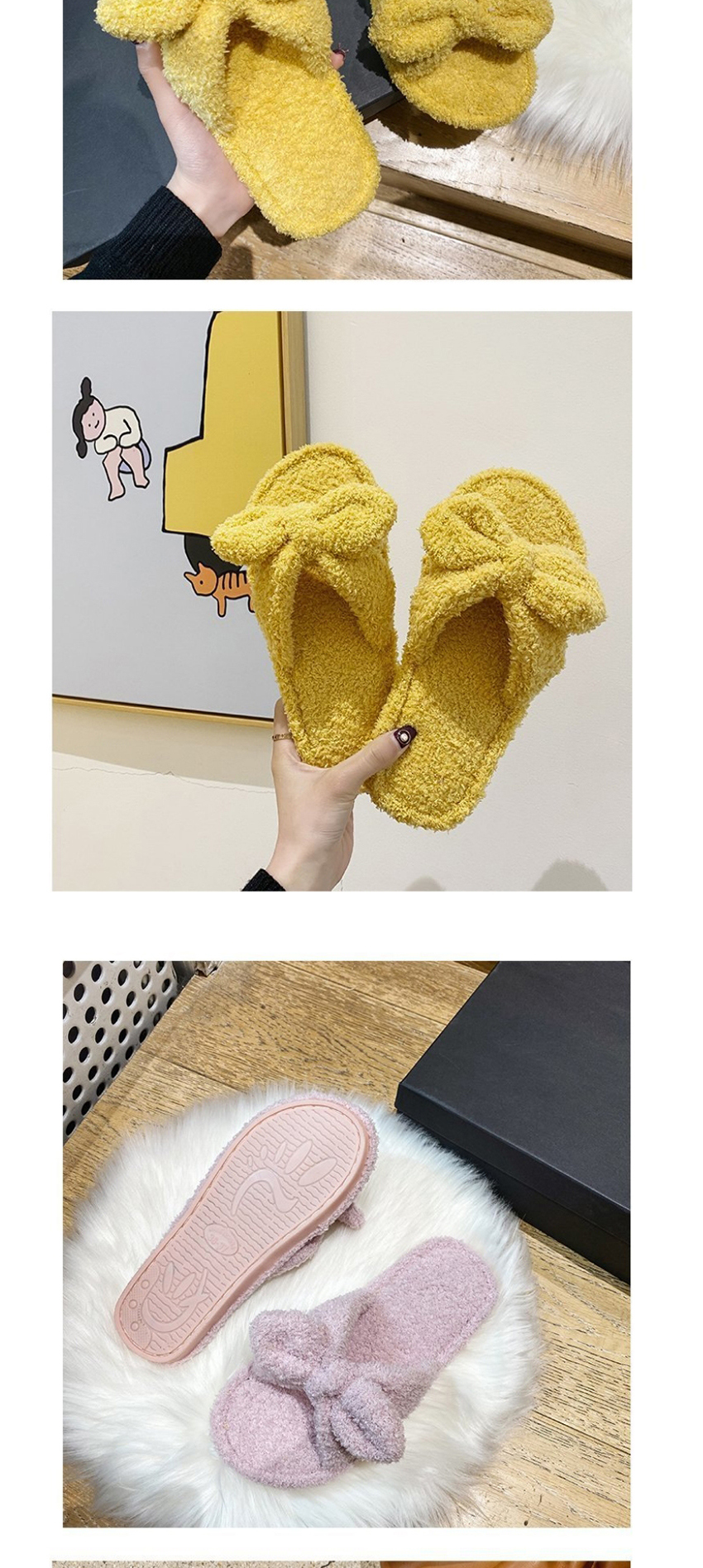 Fashion Yellow Bowknot Round Head Flat Fur Slippers,Slippers