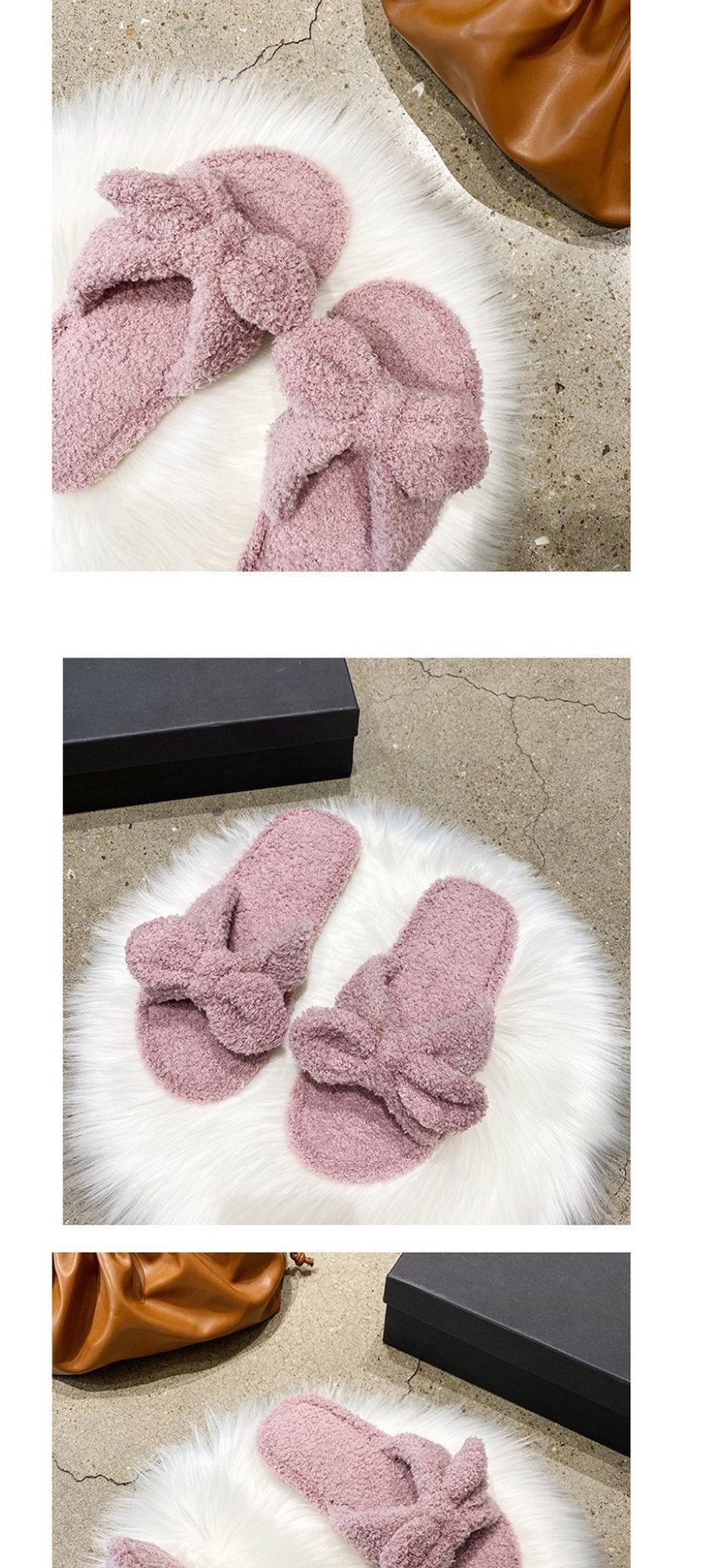 Fashion Rose Red Bowknot Round Head Flat Fur Slippers,Slippers