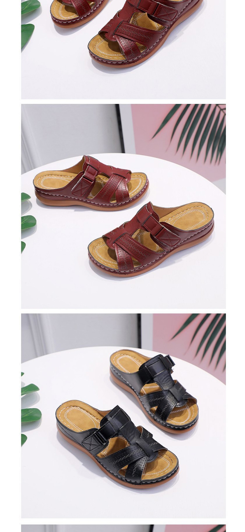 Fashion Black Wedge Heel Round Toe Hollow Slippers,Slippers