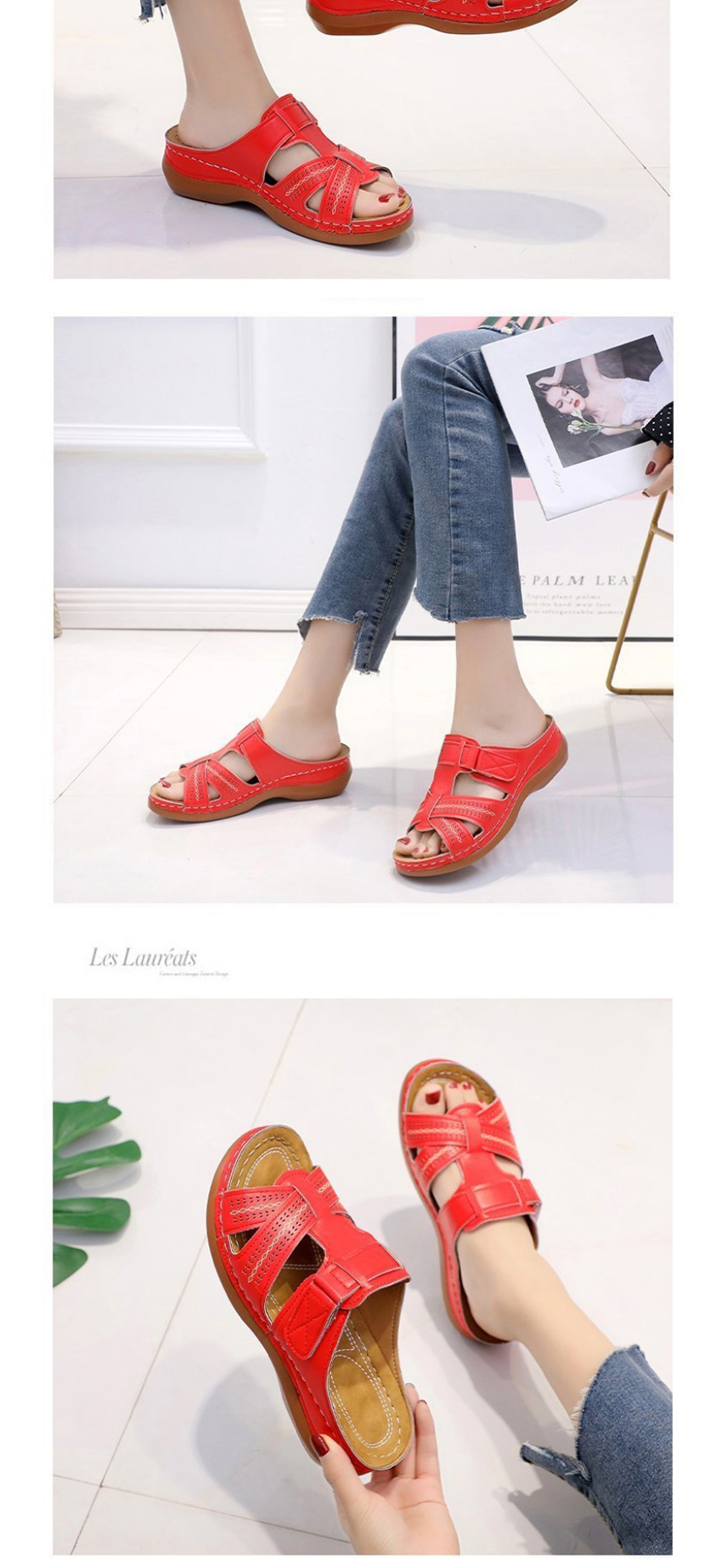 Fashion Red Wedge Heel Round Toe Hollow Slippers,Slippers