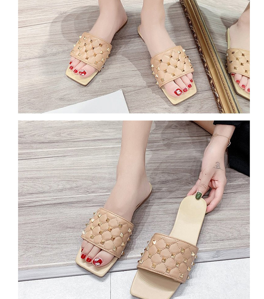 Fashion Khaki Rivet Square Head Flat Sandals And Slippers,Slippers
