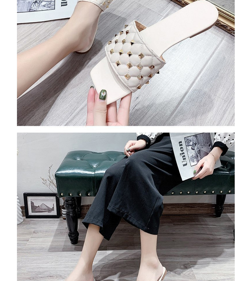 Fashion Creamy-white Rivet Square Head Flat Sandals And Slippers,Slippers