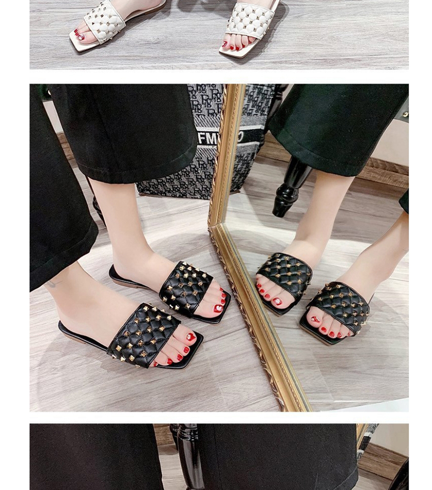 Fashion Black Rivet Square Head Flat Sandals And Slippers,Slippers