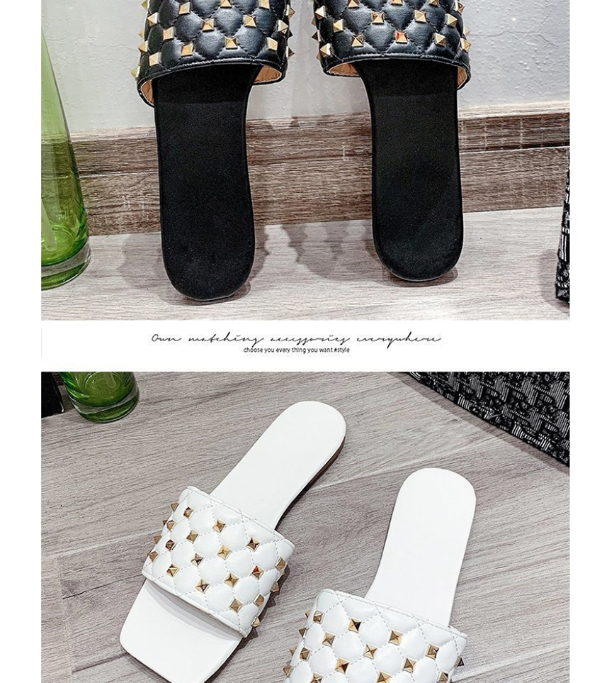 Fashion Creamy-white Rivet Square Head Flat Sandals And Slippers,Slippers