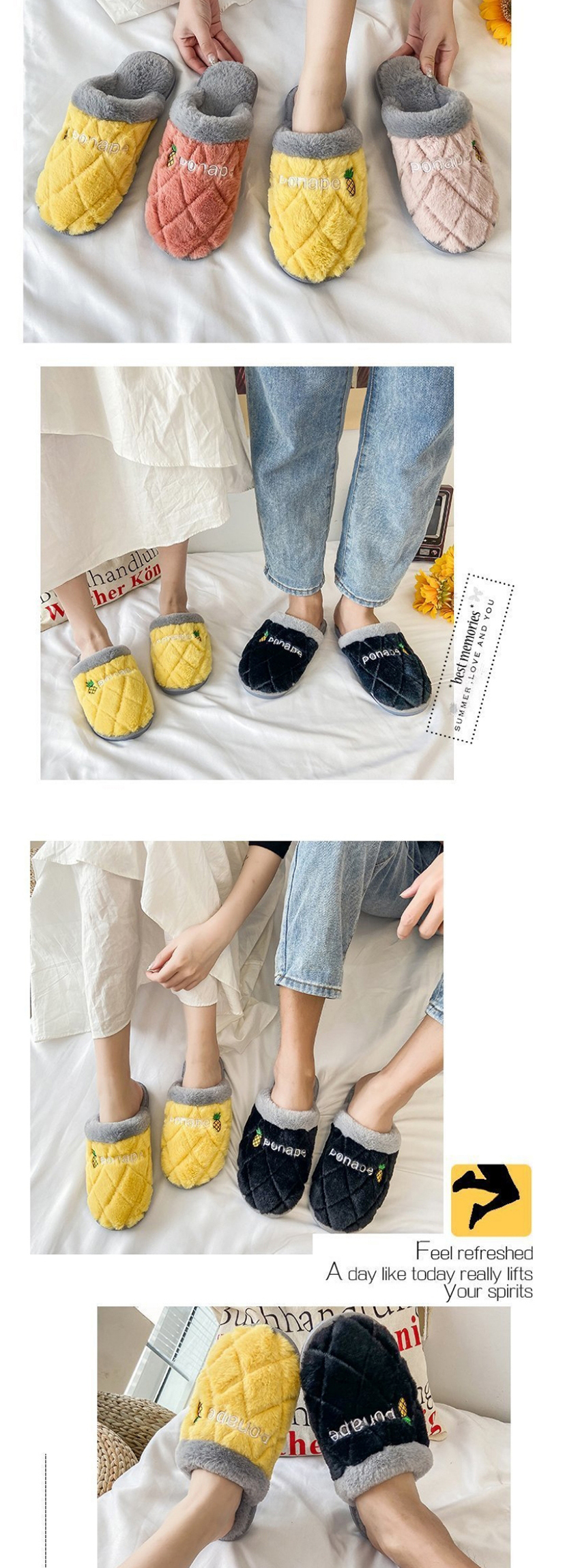 Fashion Yellow Letter Embroidery Non-slip Plush Warm Couple Slippers,Slippers