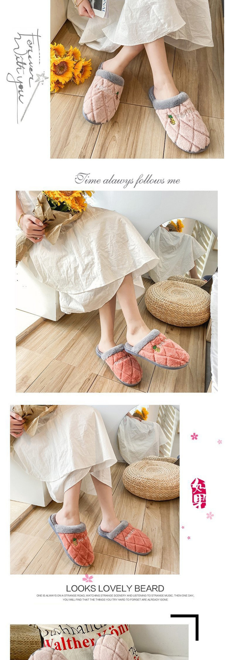 Fashion Pink Letter Embroidery Non-slip Plush Warm Couple Slippers,Slippers