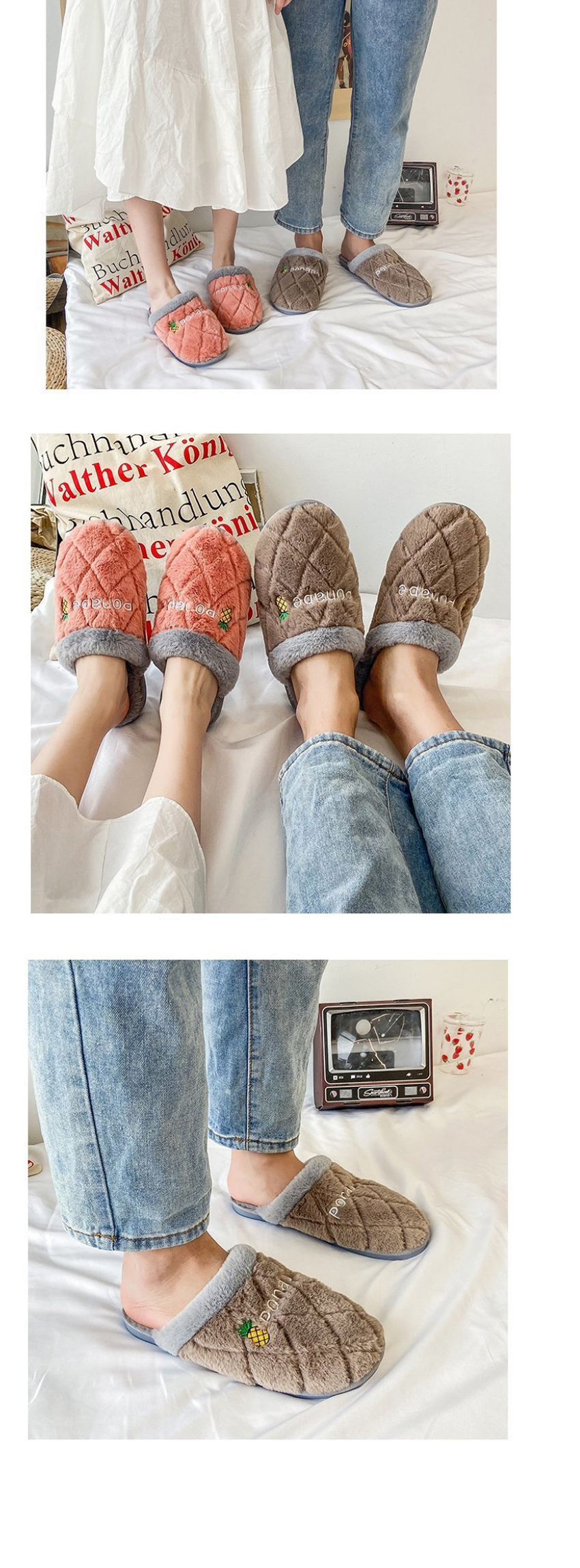 Fashion Pink Letter Embroidery Non-slip Plush Warm Couple Slippers,Slippers