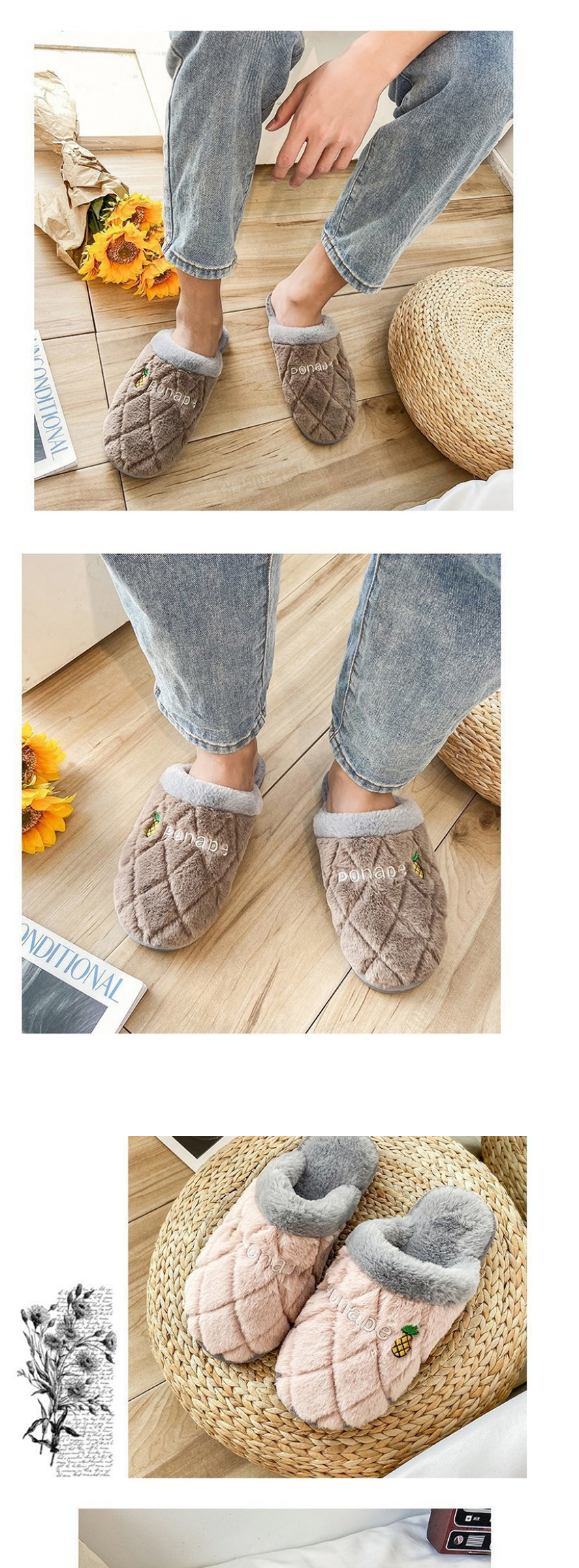 Fashion Watermelon Red Letter Embroidery Non-slip Plush Warm Couple Slippers,Slippers