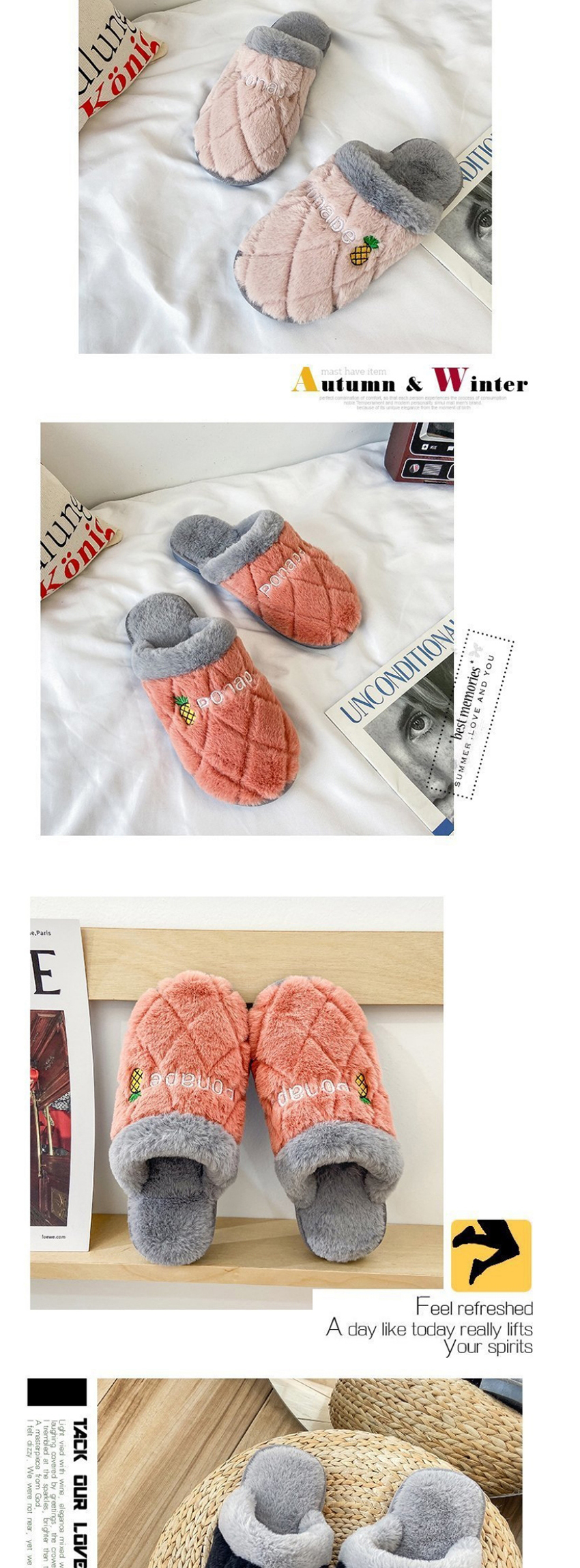 Fashion Yellow Letter Embroidery Non-slip Plush Warm Couple Slippers,Slippers
