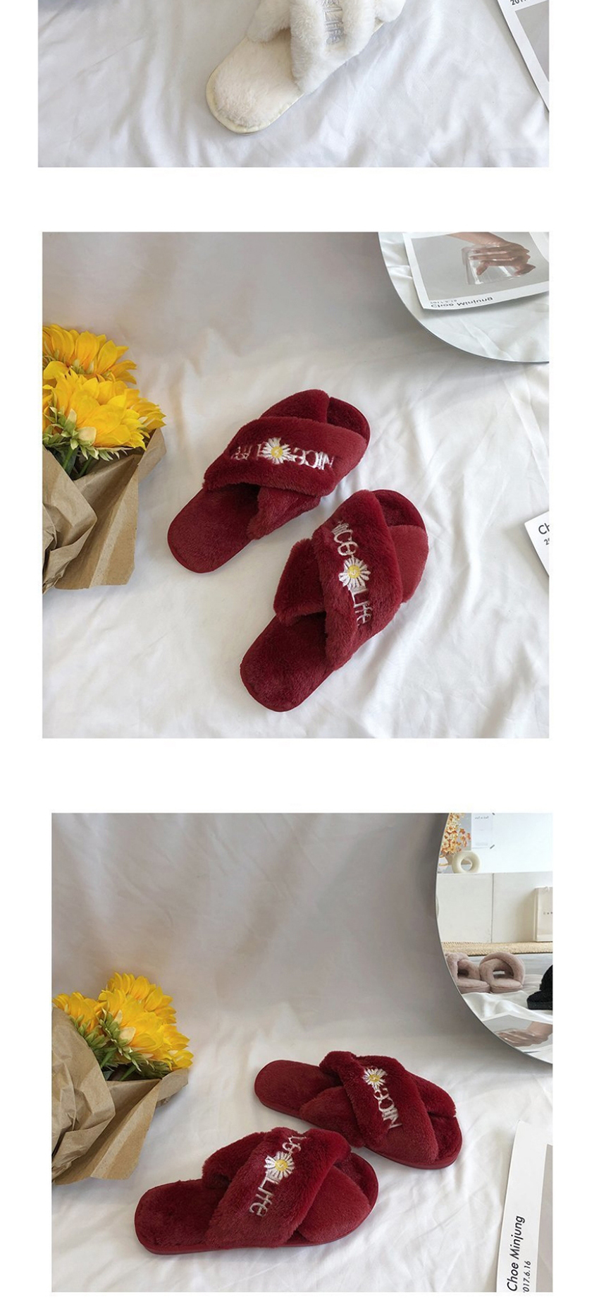 Fashion Red Wine Open-toe Letter Embroidered Cross Flat Non-slip Slippers,Slippers