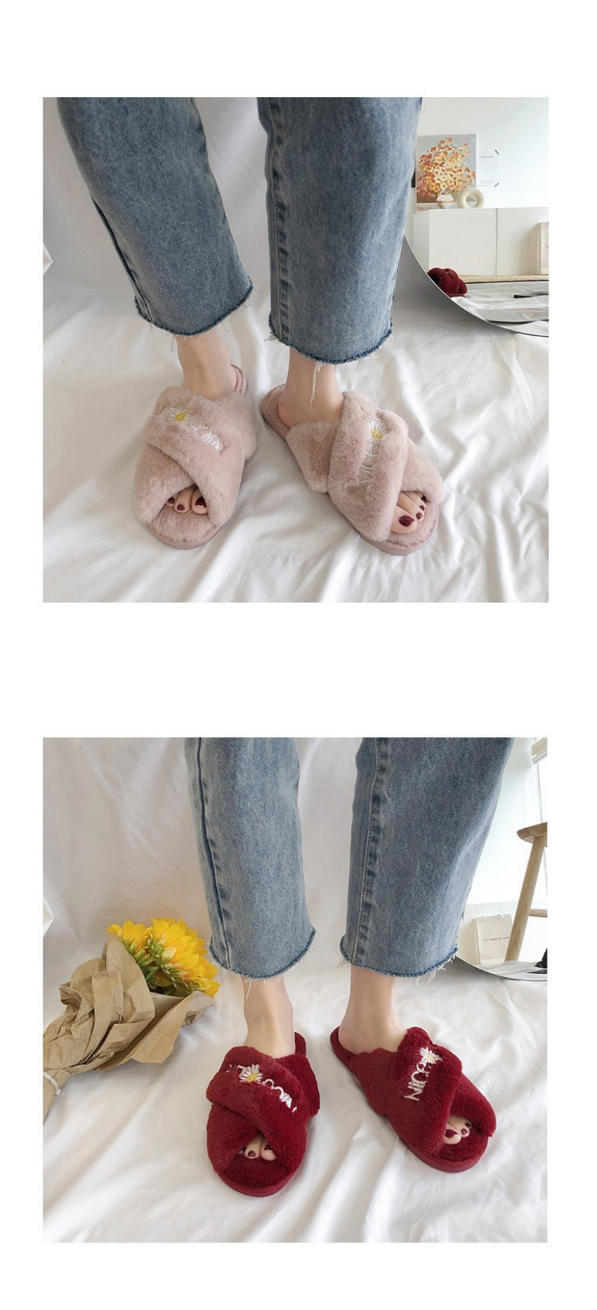 Fashion Pink Open Toe Letter Embroidered Cross Flat Slipper,Slippers