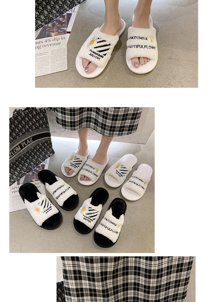 Fashion White Small Chrysanthemum Letters Embroidered Round Slippers,Slippers