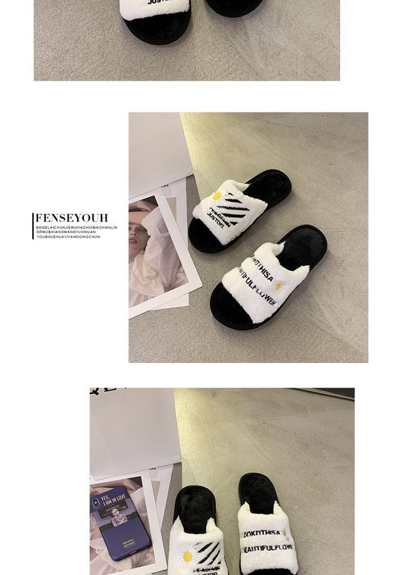 Fashion Black Small Chrysanthemum Letters Embroidered Round Slippers,Slippers